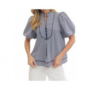 NEW STYLE USA cambridge gingham puff sleeve blouse in navy